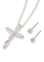 Silver-Tone Cross Necklace Cubic Zirconia Earrings Set