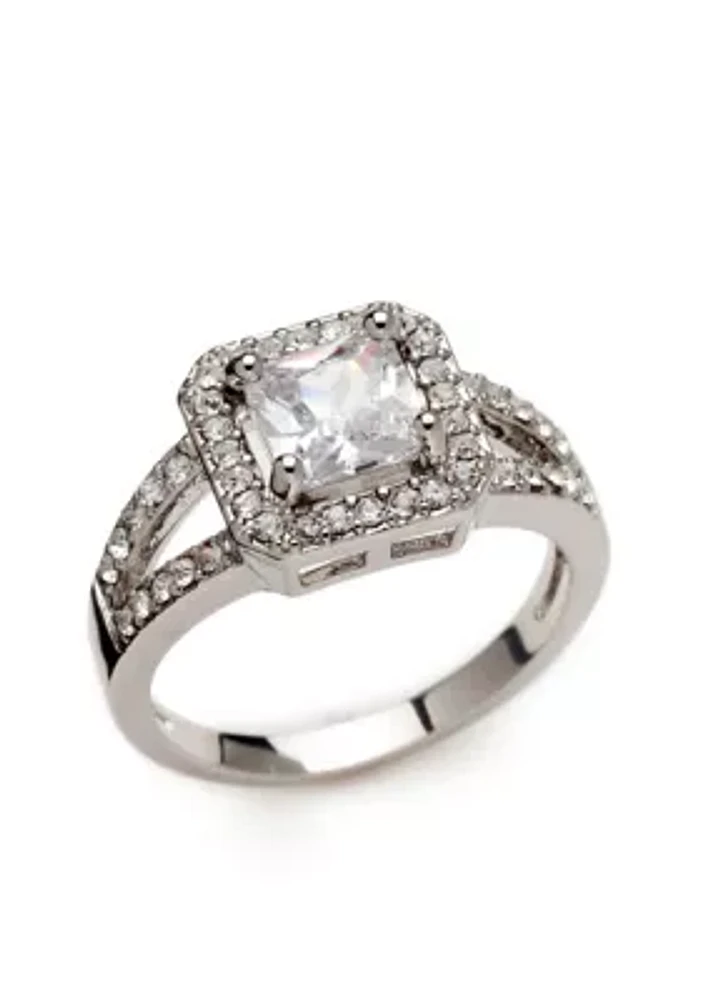 Silver Tone Cubic Zirconia Crystal Square Stone Pavé Ring