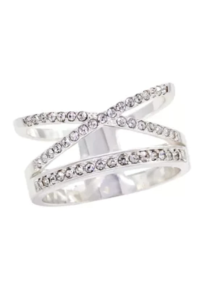 Lab Created Crystal X Bar Pavé Silver Ring