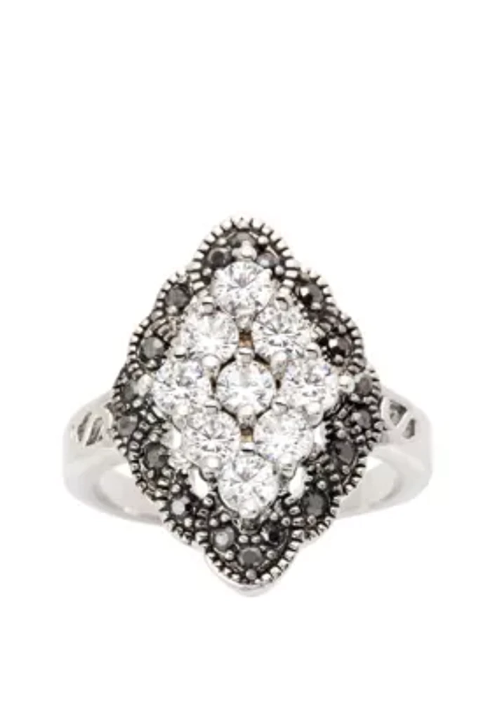 Silver Tone Cubic Zirconia Cluster Marcasite Ring