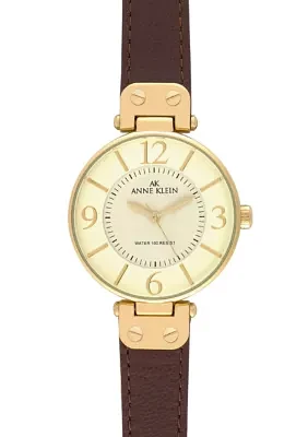 Gold Round Bezel Watch with Brown Leather Strap