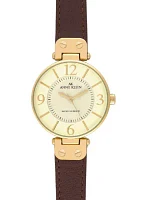 Gold Round Bezel Watch with Brown Leather Strap