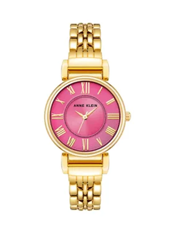 Women's Gold-Tone Metal Link Bracelet with Hot Pink Dial Watch, 30 Millimeter