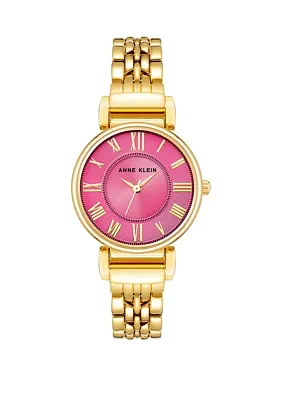 Women's Gold-Tone Metal Link Bracelet with Hot Pink Dial Watch, 30 Millimeter