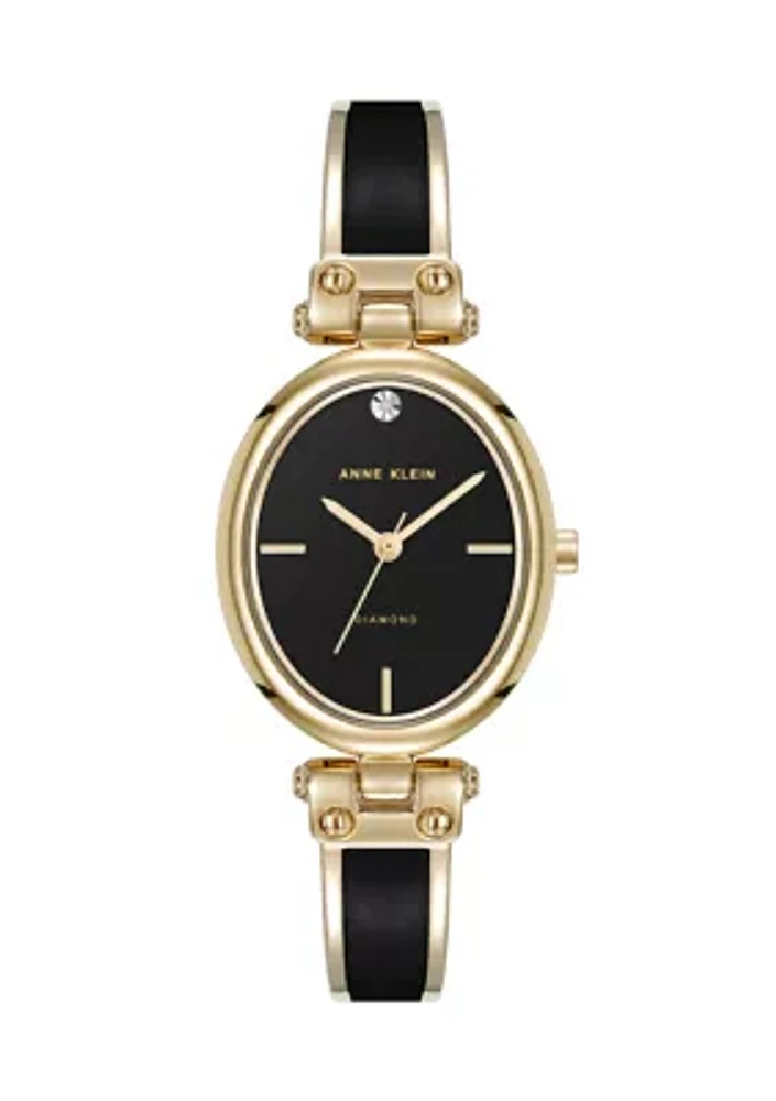 Quartz Black Oval Diamond Accented Gold-Tone Alloy Metal Bangle Watch