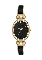 Quartz Black Oval Diamond Accented Gold-Tone Alloy Metal Bangle Watch