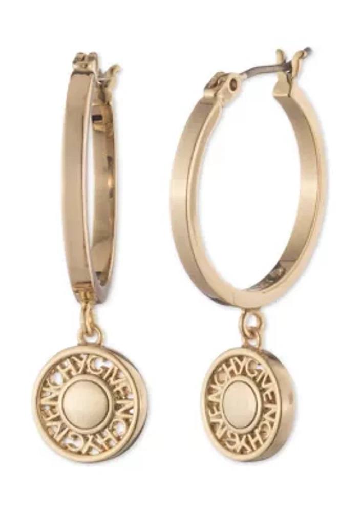 Gold Tone Coin Logo Drop Earrings