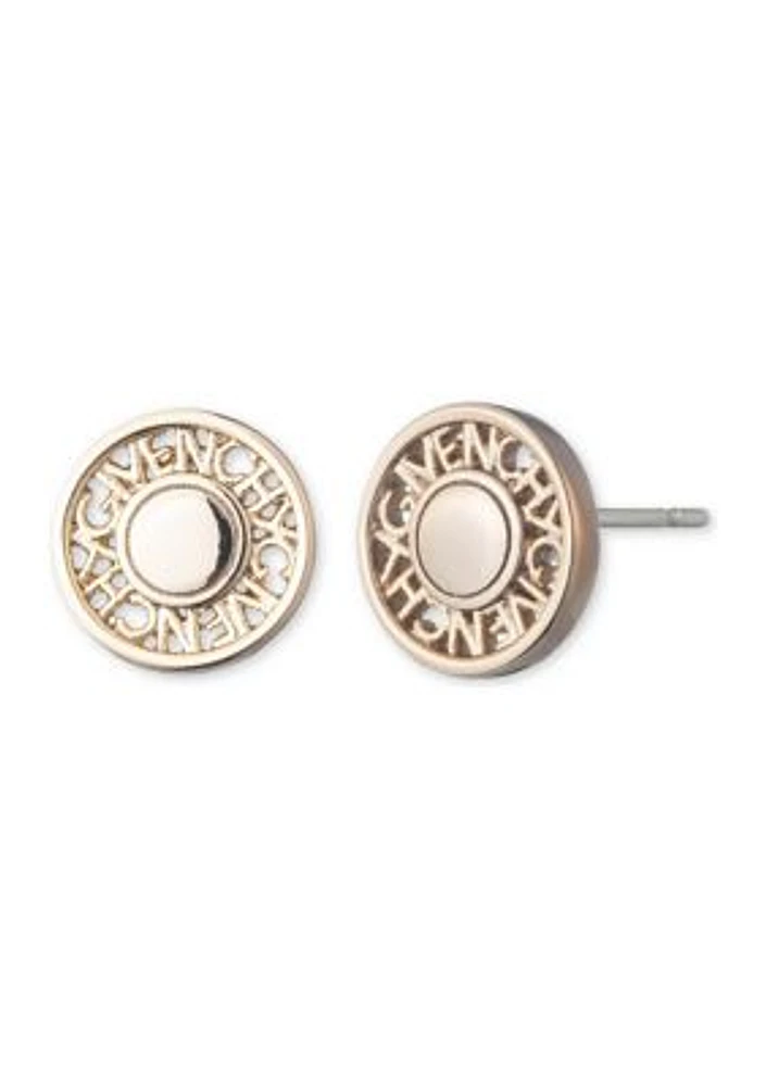 Gold Tone Coin Logo Stud Earrings