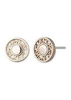 Gold Tone Coin Logo Stud Earrings