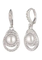 Silver Tone Pearl and Crystal Drop Earrings