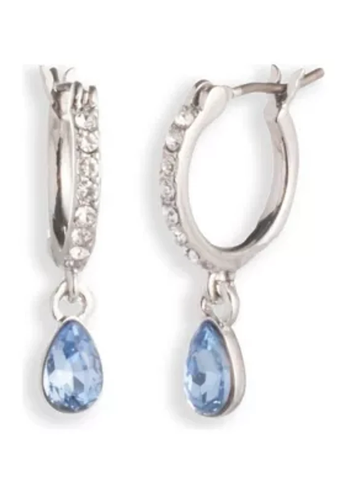 Silver Tone Light Sapphire Huggie Drop Earrings