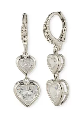 Silver Tone Crystal Heart Double Drop Earrings