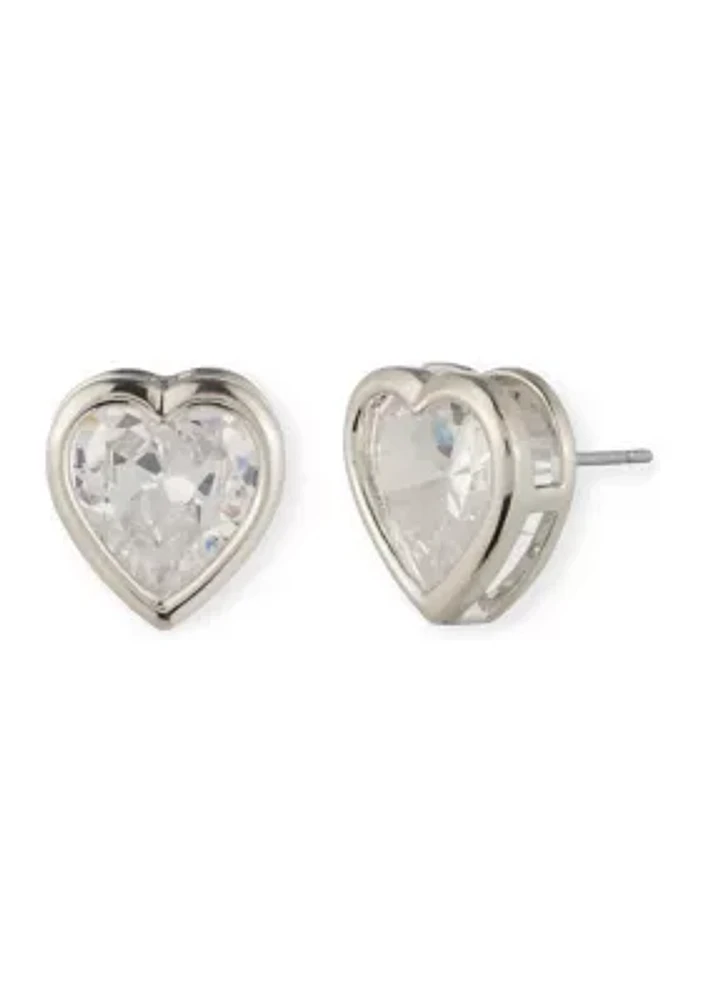 Silver Tone Crystal Heart Stud Earrings