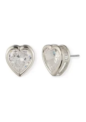 Silver Tone Crystal Heart Stud Earrings