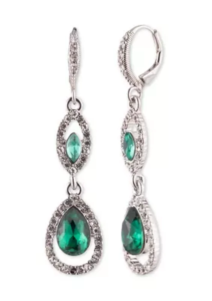 Silver Tone Green Double Drop Earrings