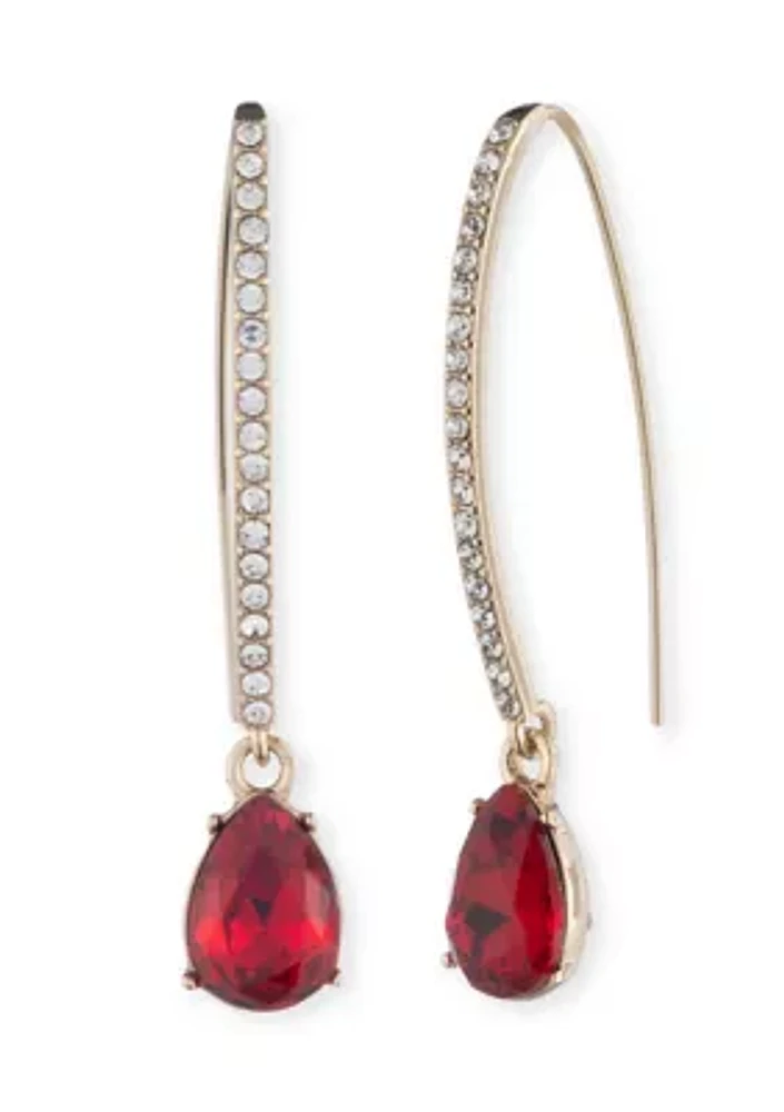 Gold Tone Red Pear Stone Threader Earrings