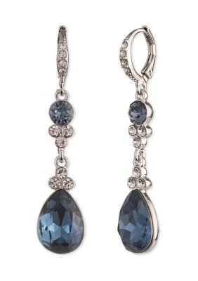   Silver Tone Denim Crystal Pear Double Drop Earrings 