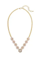 Gold Tone 14 Inch + 3 Inch Extender 9 Part Small Pearl Cluster Frontal Necklace with Stone Accents 