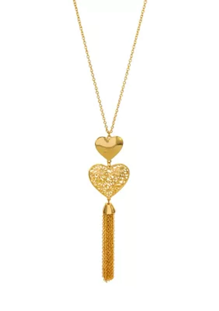 Gold-Tone Tassel Double Heart Necklace