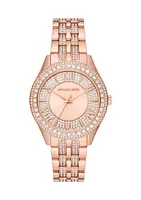 Michael Kors Harlowe Three Hand Rose Gold Tone Stainless Steel Watch