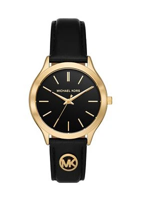 Slim Runway Leather Strap Gold Face Watch