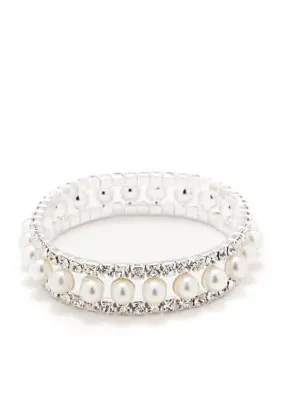 Silver Tone Crystal Pearl 3 Row Stretch Bracelet