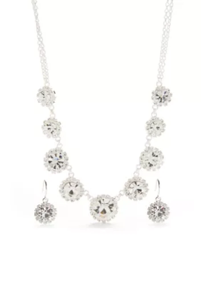 Silver-Tone with Crystal Floral Motif Necklace and Earrings Set