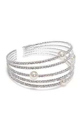 Silver-Tone Rhinestone and Pearl Multi Strand Coil Bracelet