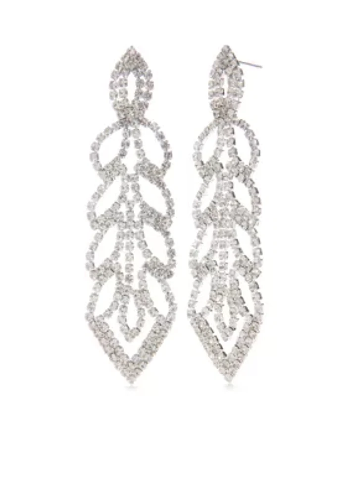 Silver Tone Linear Leaf Rhinestone Statement Earrings