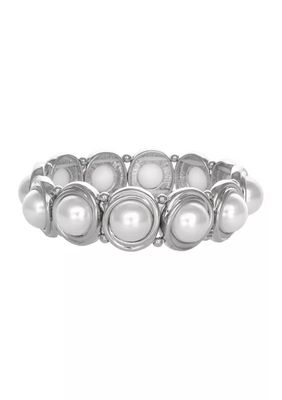 Silver Tone and Pearl Cab Stretch Bracelet