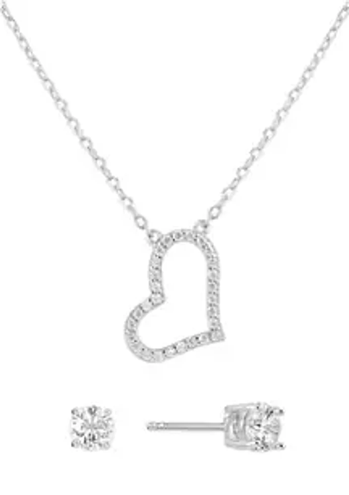 Belk Silverworks Boxed Sterling Silver 16" +1" +1" Cubic Zirconia Open Heart Necklace with 4mm Stud Earrings