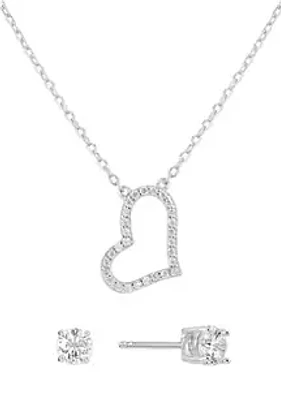 Belk Silverworks Boxed Sterling Silver 16" +1" +1" Cubic Zirconia Open Heart Necklace with 4mm Stud Earrings