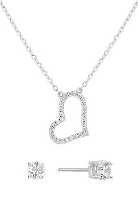 Boxed Sterling Silver 16" +1" +1" Cubic Zirconia Open Heart Necklace with 4mm Stud Earrings