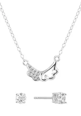 Belk Silverworks Boxed Sterling Silver 16" +1" +1" Cubic Zirconia Double Cloud Necklace with 4mm Stud Earrings