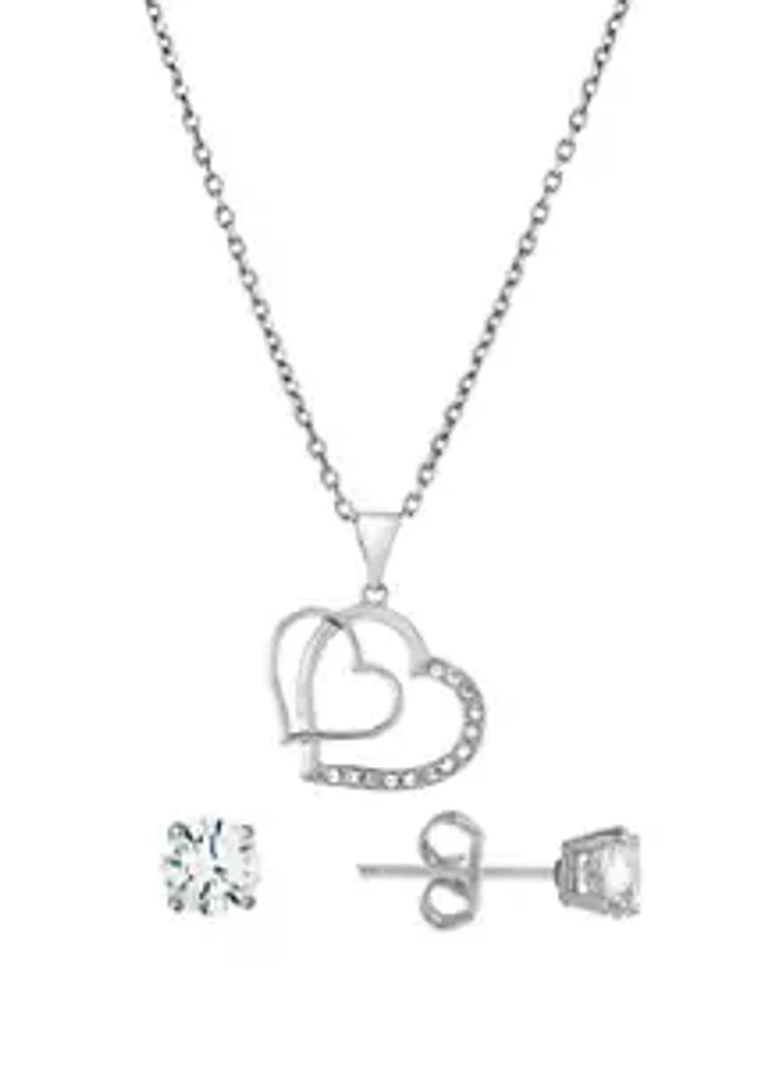 Belk Silverworks Boxed Fine Silver Plated 18" Double Heart Cubic Zirconia Pendant and Stud Earrings Set