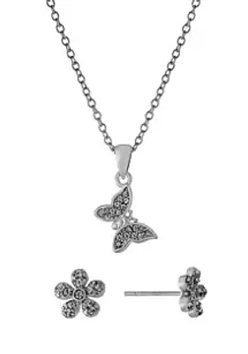 Belk Silverworks Boxed Fine Silver Plated 16+2" Crystal Pavé Butterfly Pendant and Flower Stud Earring and Necklace Set