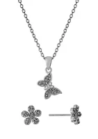 Belk Silverworks Boxed Fine Silver Plated 16+2" Crystal Pavé Butterfly Pendant and Flower Stud Earring and Necklace Set