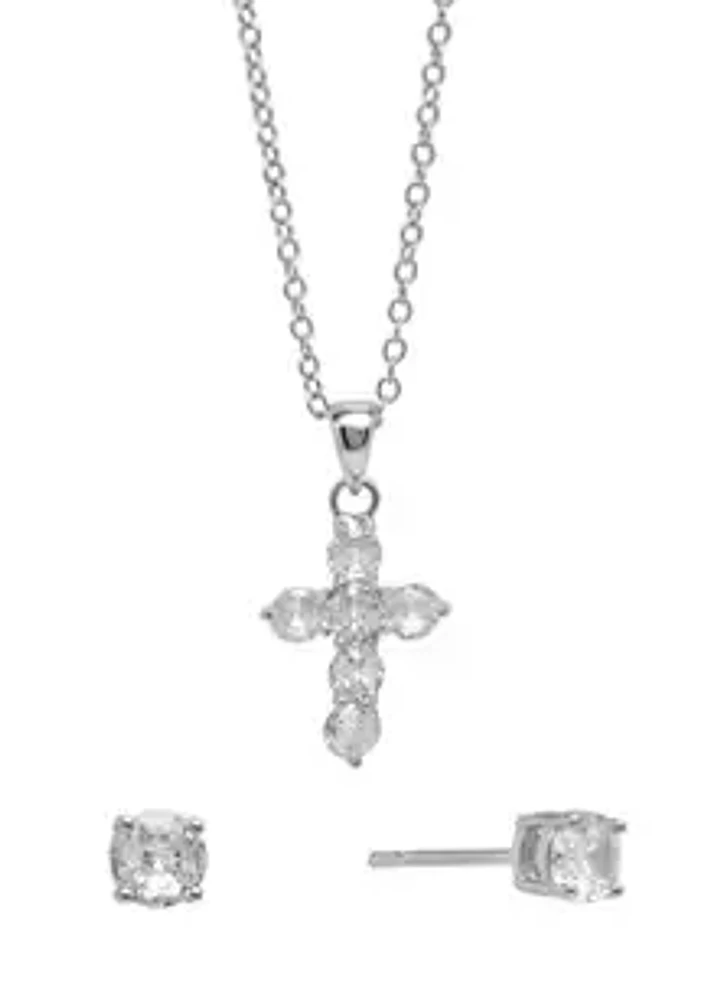 Belk Silverworks Silver Plated 18" Crystal Cross Necklace and 4 Millimeter Crystal Stud Earrings Set - Boxed