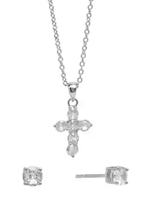 Belk Silverworks Silver Plated 18" Crystal Cross Necklace and 4 Millimeter Crystal Stud Earrings Set - Boxed