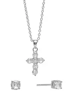 Belk Silverworks Silver Plated 18" Crystal Cross Necklace and 4 Millimeter Crystal Stud Earrings Set - Boxed