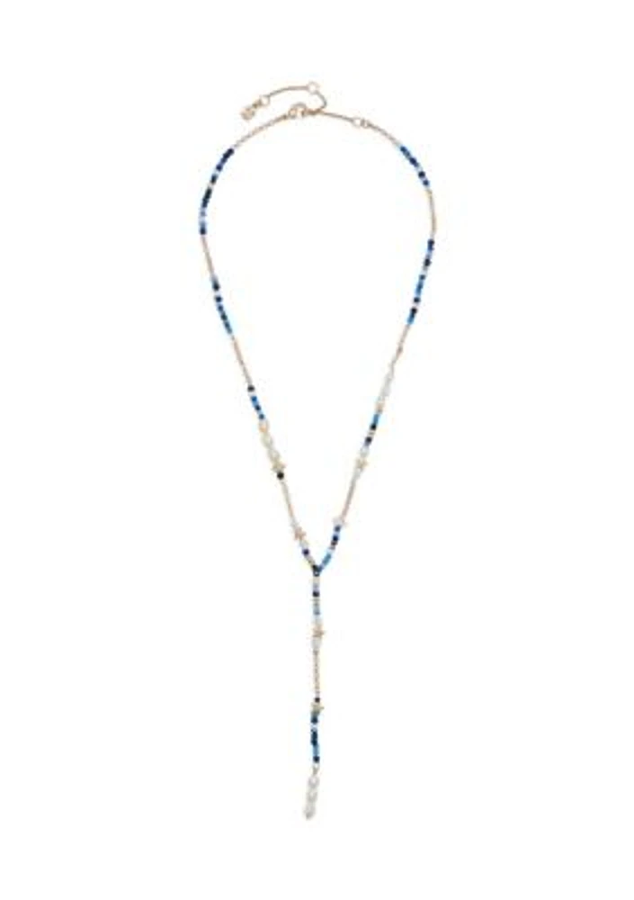 Pearl and Blue Beaded Celestial Y Necklace