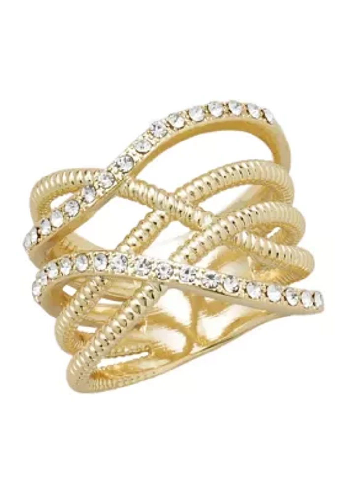 Gold-Tone Pavé Crystal Roped Ring