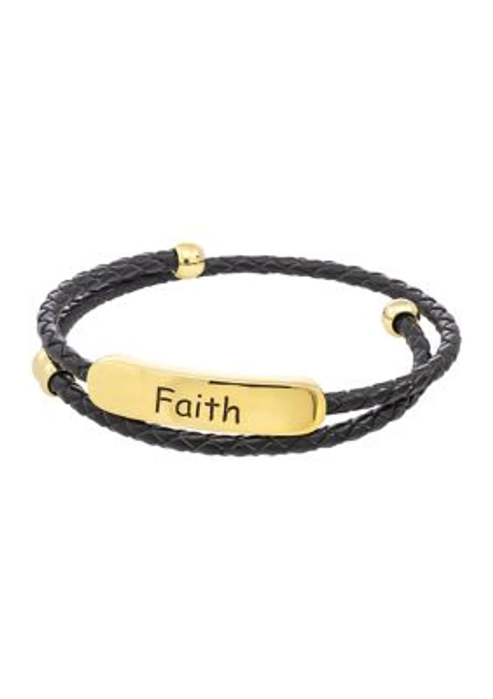 Lab Created Gold Tone Faith Black Leather Bracelet