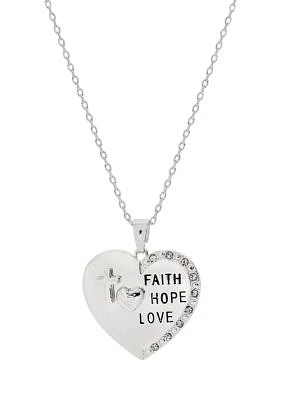 Boxed Crystal Faith Love Hope Silver-Tone Pendant Necklace