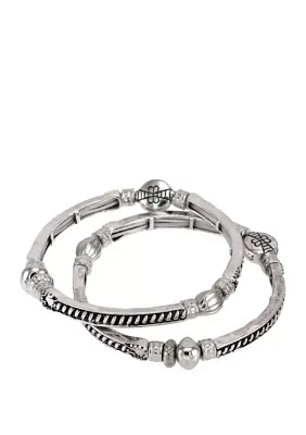 Silver Tone 2 Row Stretch Bangle Bracelet 