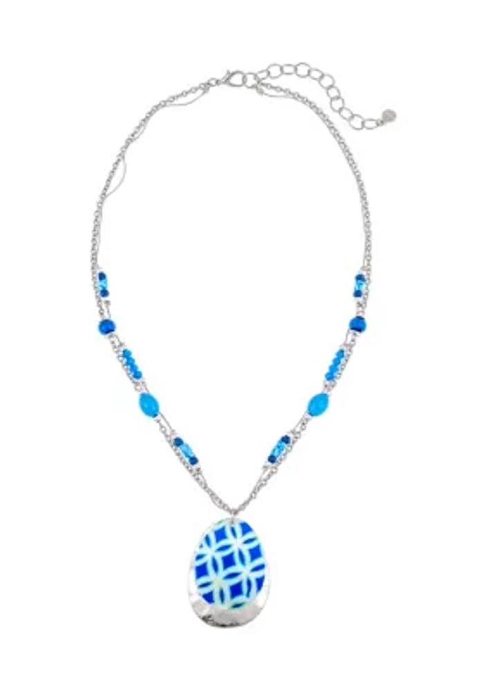 	  Silver Tone 20 Inch Multi Blue Shell Overlay Pendant Necklace on 3-Row Bead Accented Chain 