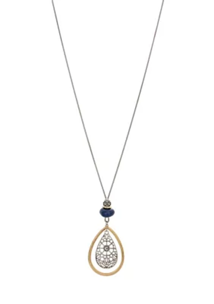 Two-Tone Long Filigree Teardrop Pendant Necklace