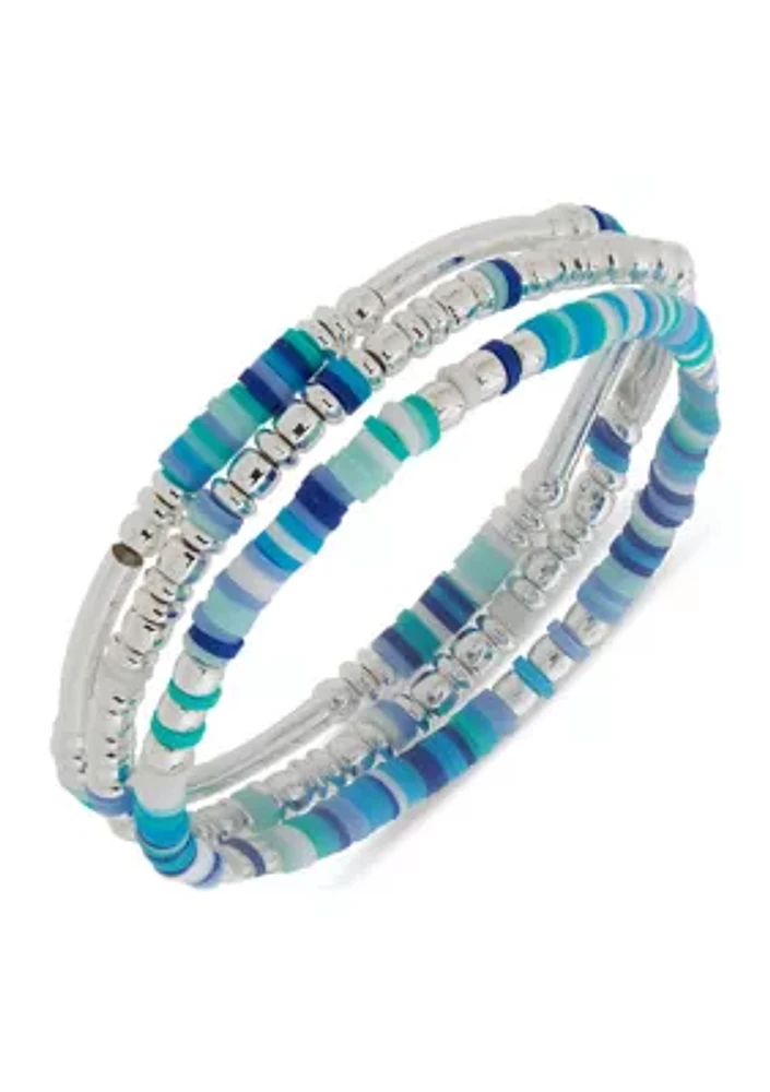 Silver Tone Multi Blue Beaded Stretch Bracelets - Boxed