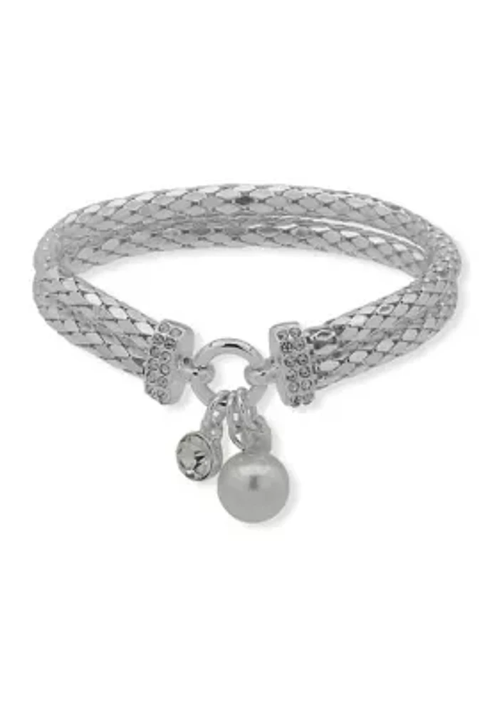 Silver Tone Crystal Pearl Charm Bracelet - Boxed