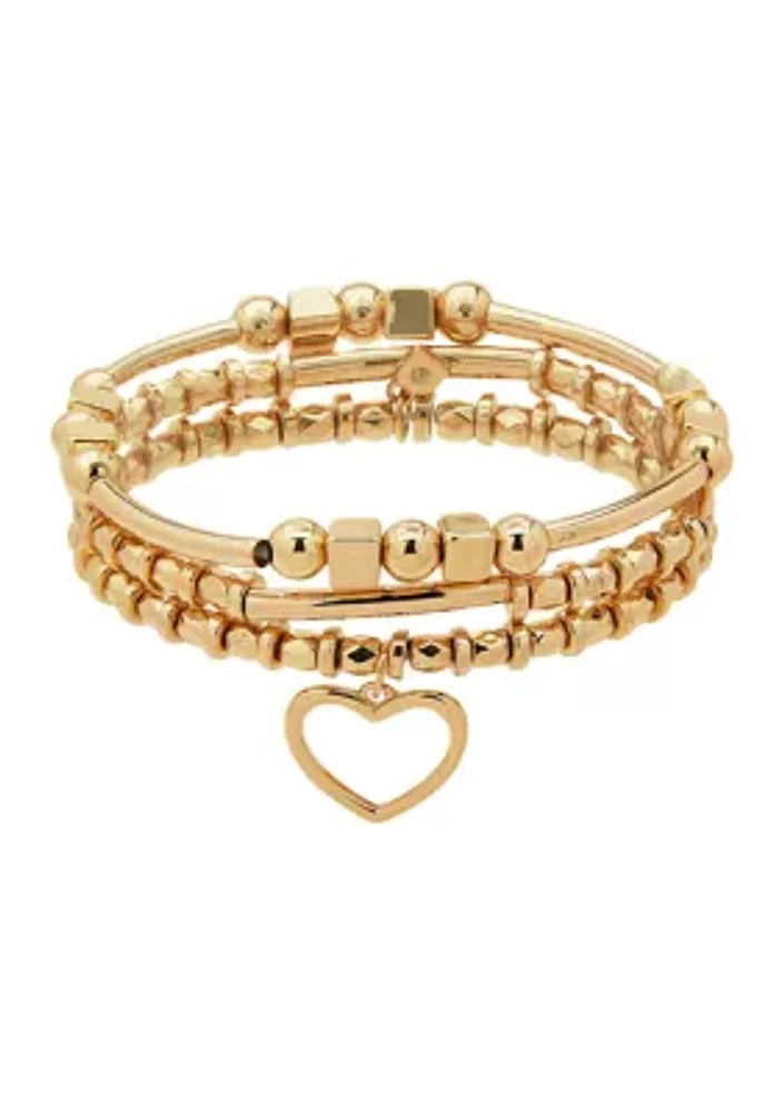 Gold Tone Set of 3 Heart Charm Stretch Bracelet Box